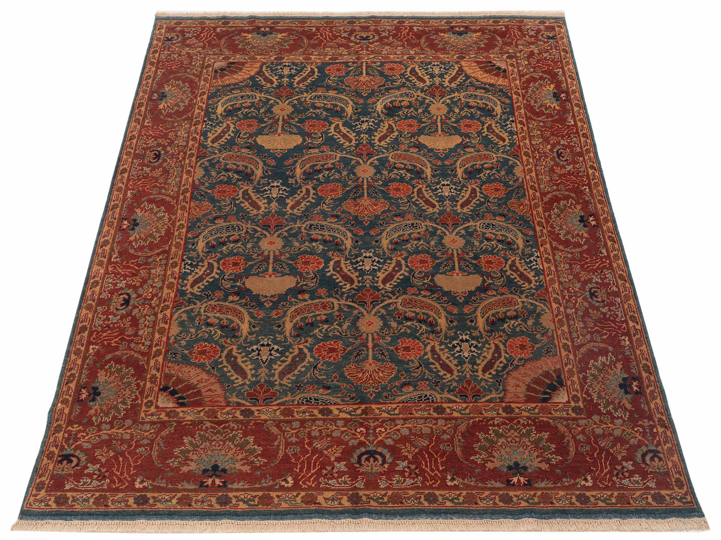 Pasha Antique Loom 98137 Teal Blue Red Transitional Hand Knotted Rug