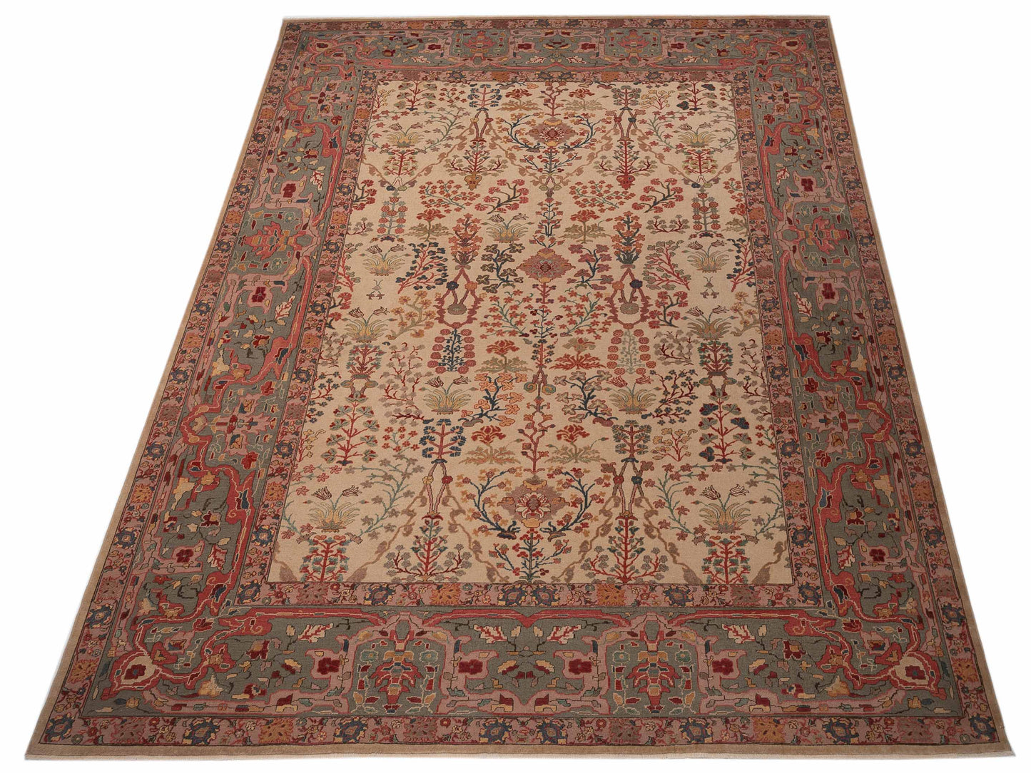 Pasha Antique Loom 104368 Ivory Sage Green Traditional Hand Knotted Rug