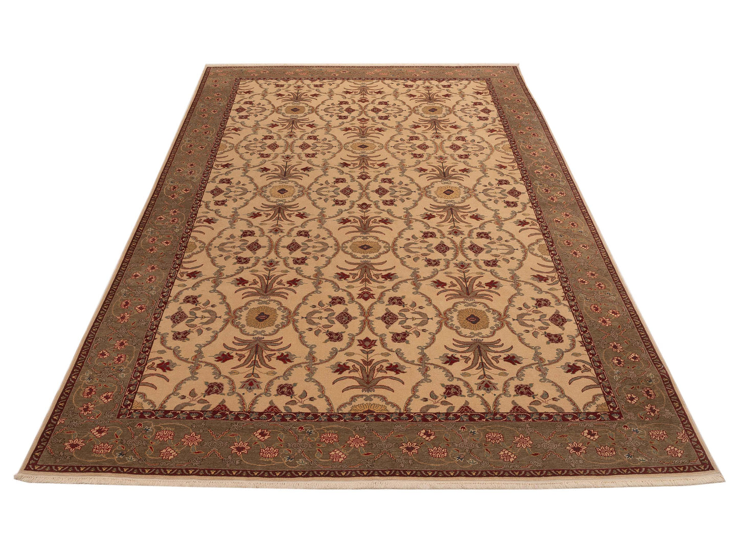 Pasha Antique Loom 104371 Ivory Green Transitional Hand Knotted Rug