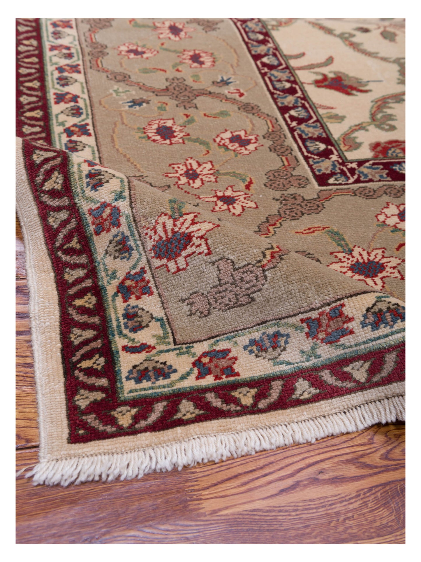 Pasha Antique Loom 107969 Ivory Sage Green Transitional Hand Knotted Rug