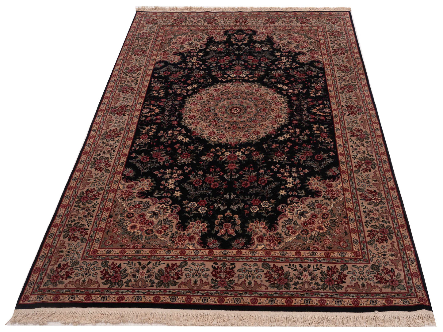 Pasha Magnolia Silk 111543 Black Beige Traditional Hand Knotted Rug