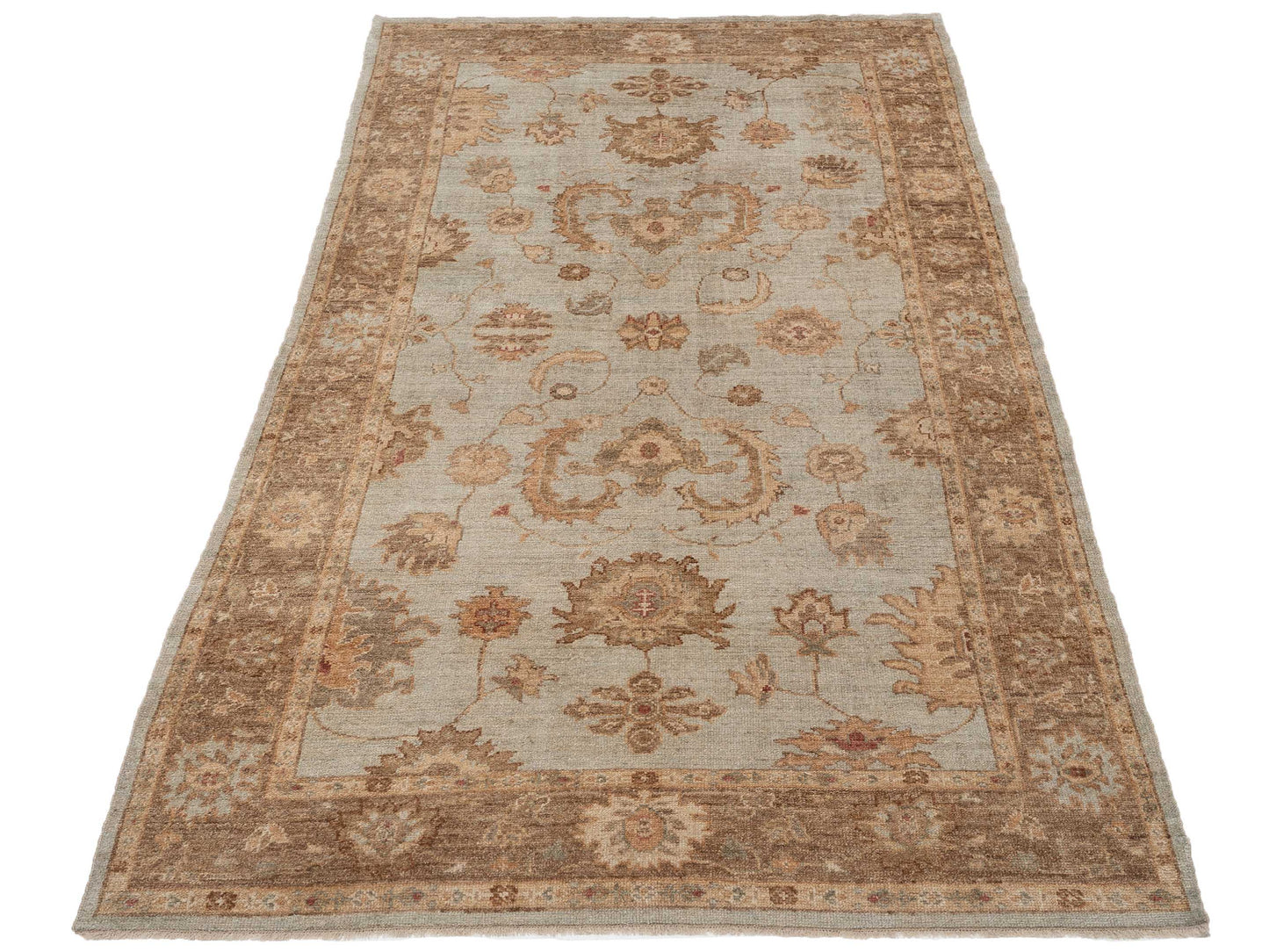 Authentic Angora Oushak Leyla Ice Blue Brown Traditional Hand Knotted Rug