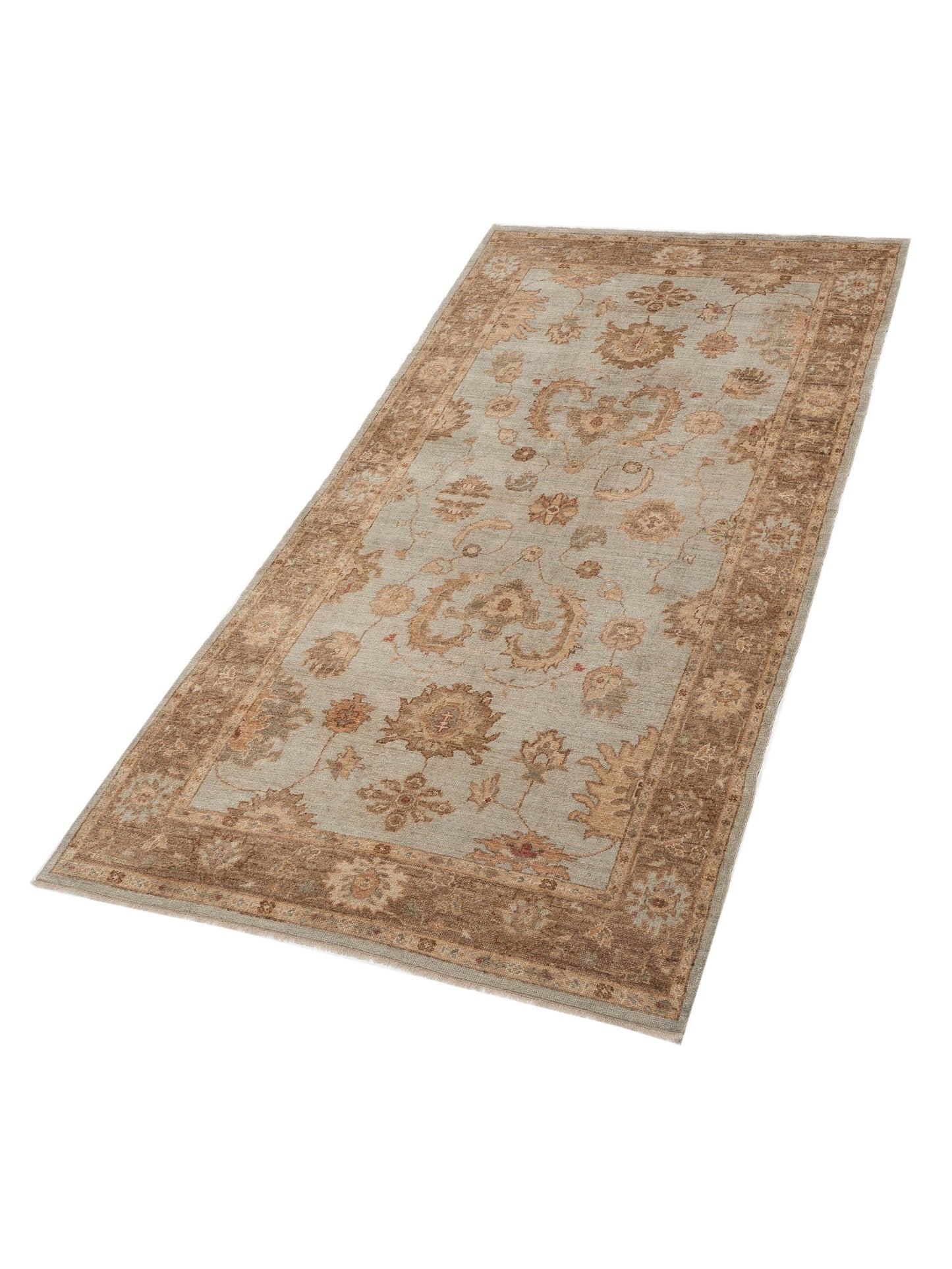 Authentic Angora Oushak Leyla Ice Blue Brown Traditional Hand Knotted Rug