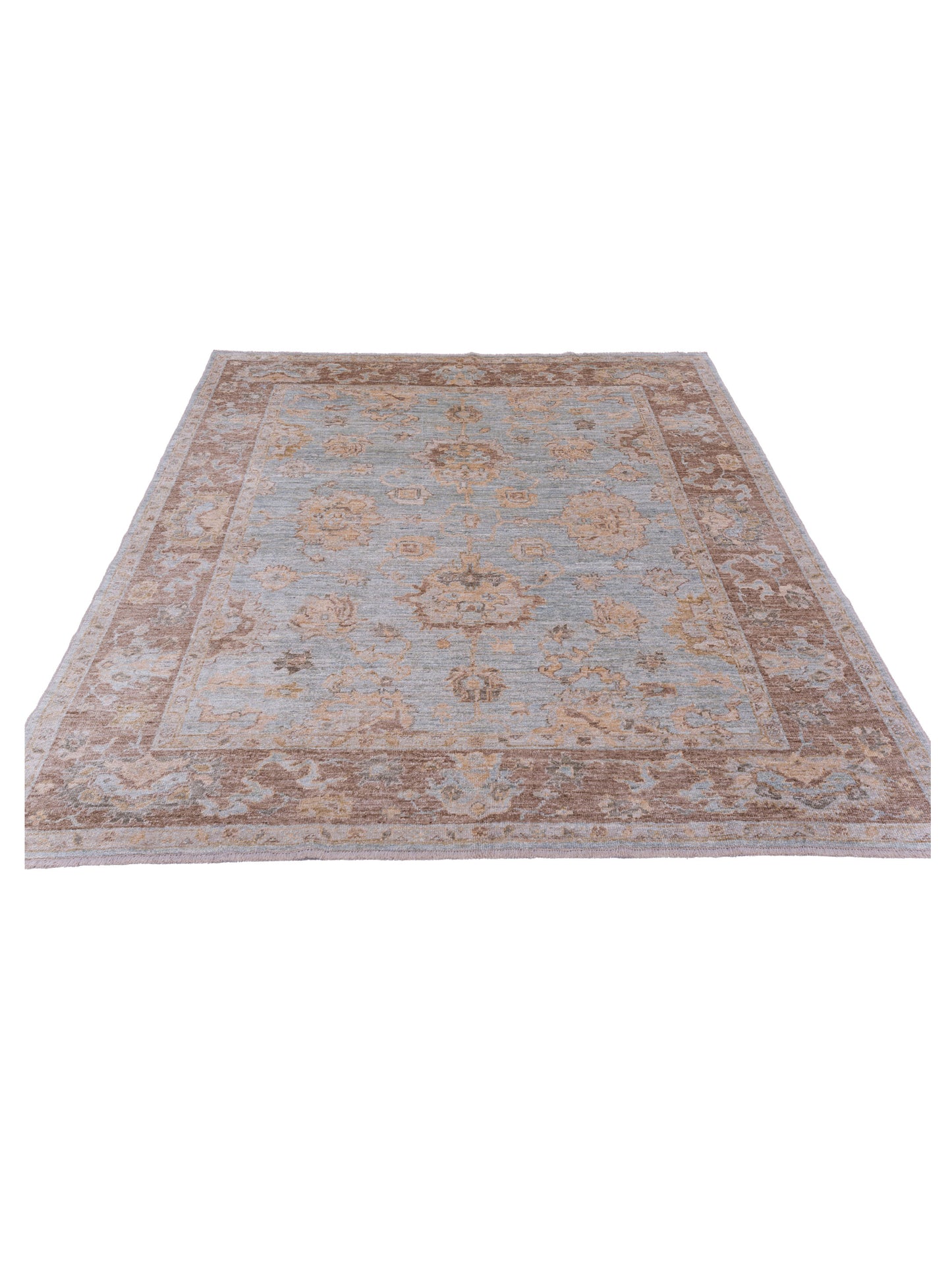 Authentic Angora Oushak Didem Ice Blue Brown Traditional Hand Knotted Rug