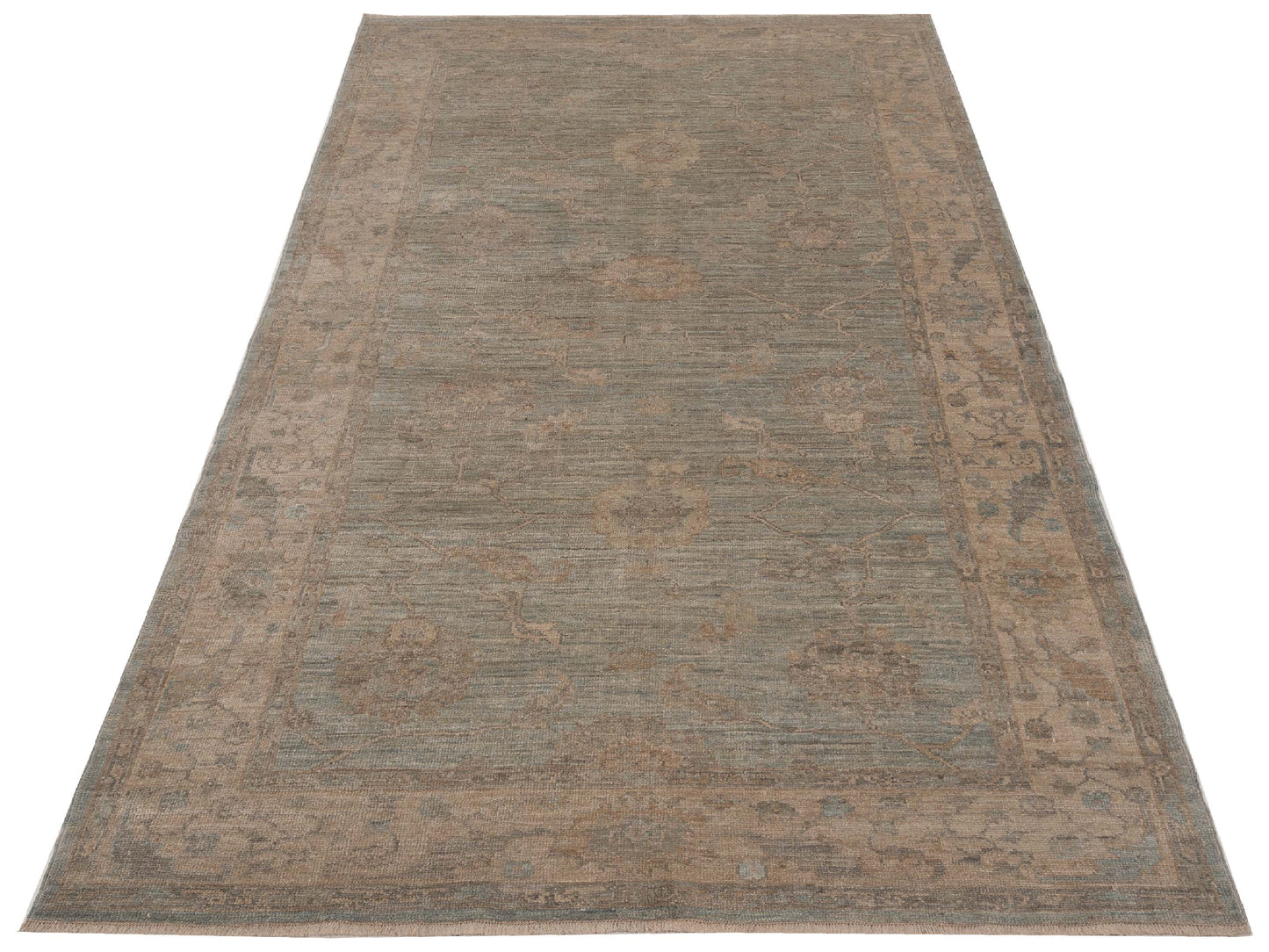 Authentic Angora Oushak Muge Light Green Beige Traditional Hand Knotted Rug