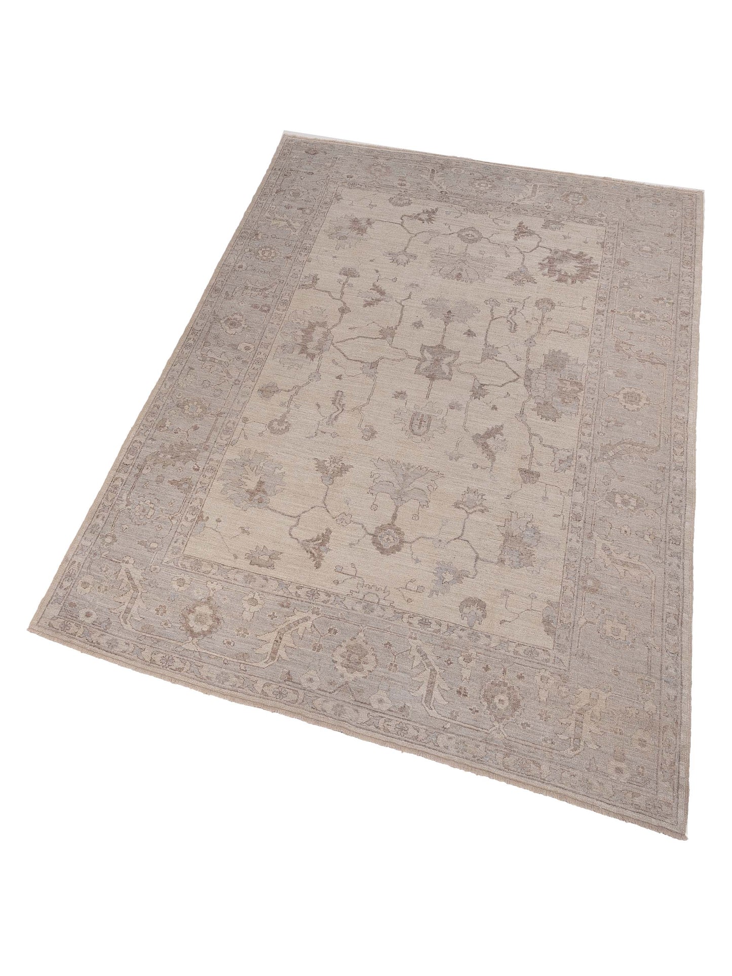 Authentic Angora Oushak Sezen Ivory Light Gray Traditional Hand Knotted Rug