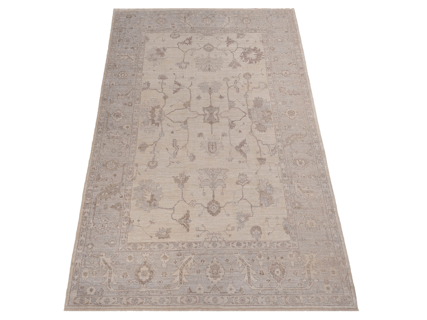 Authentic Angora Oushak Sezen Ivory Light Gray Traditional Hand Knotted Rug