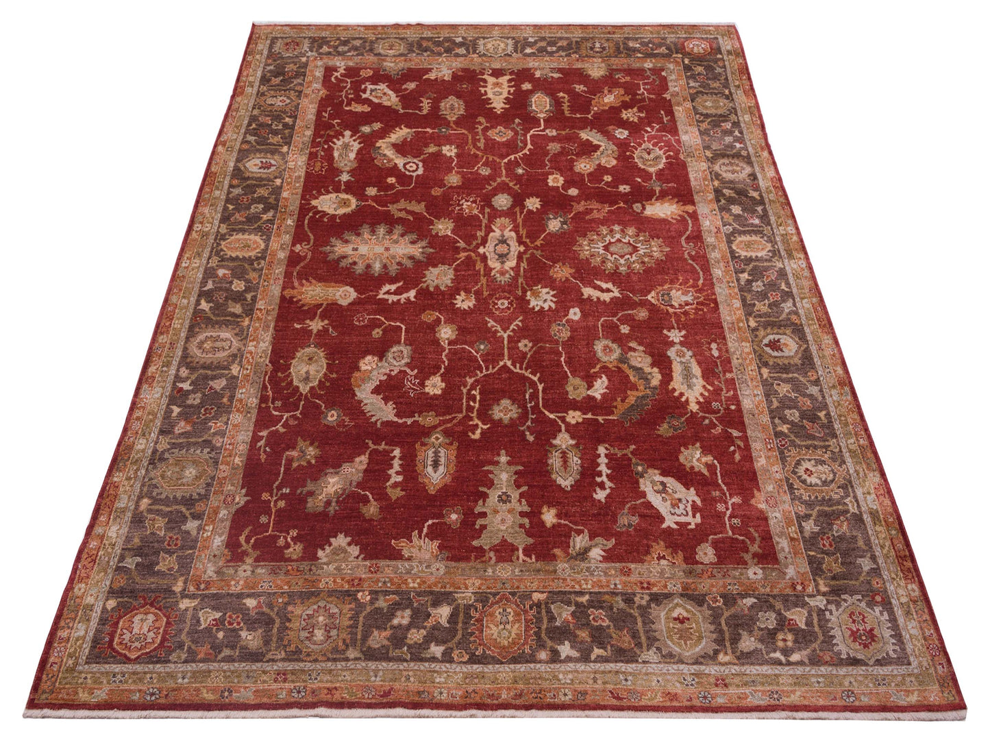 Authentic Angora Oushak Meltem Red Dark Brown Traditional Hand Knotted Rug