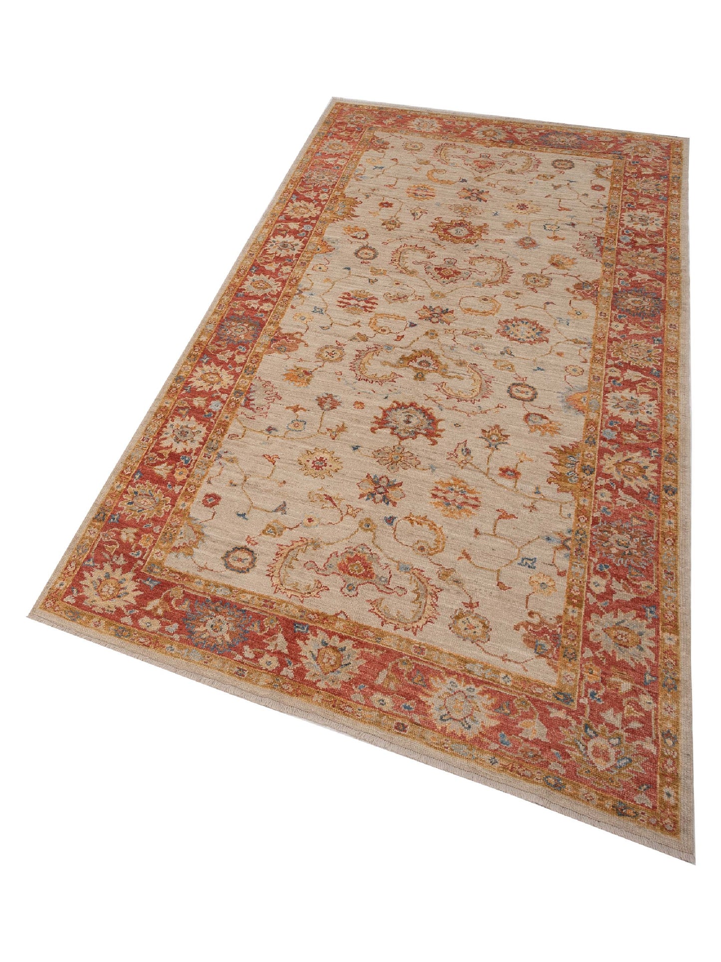 Authentic Angora Oushak Leyla Ivory Red Traditional Hand Knotted Rug