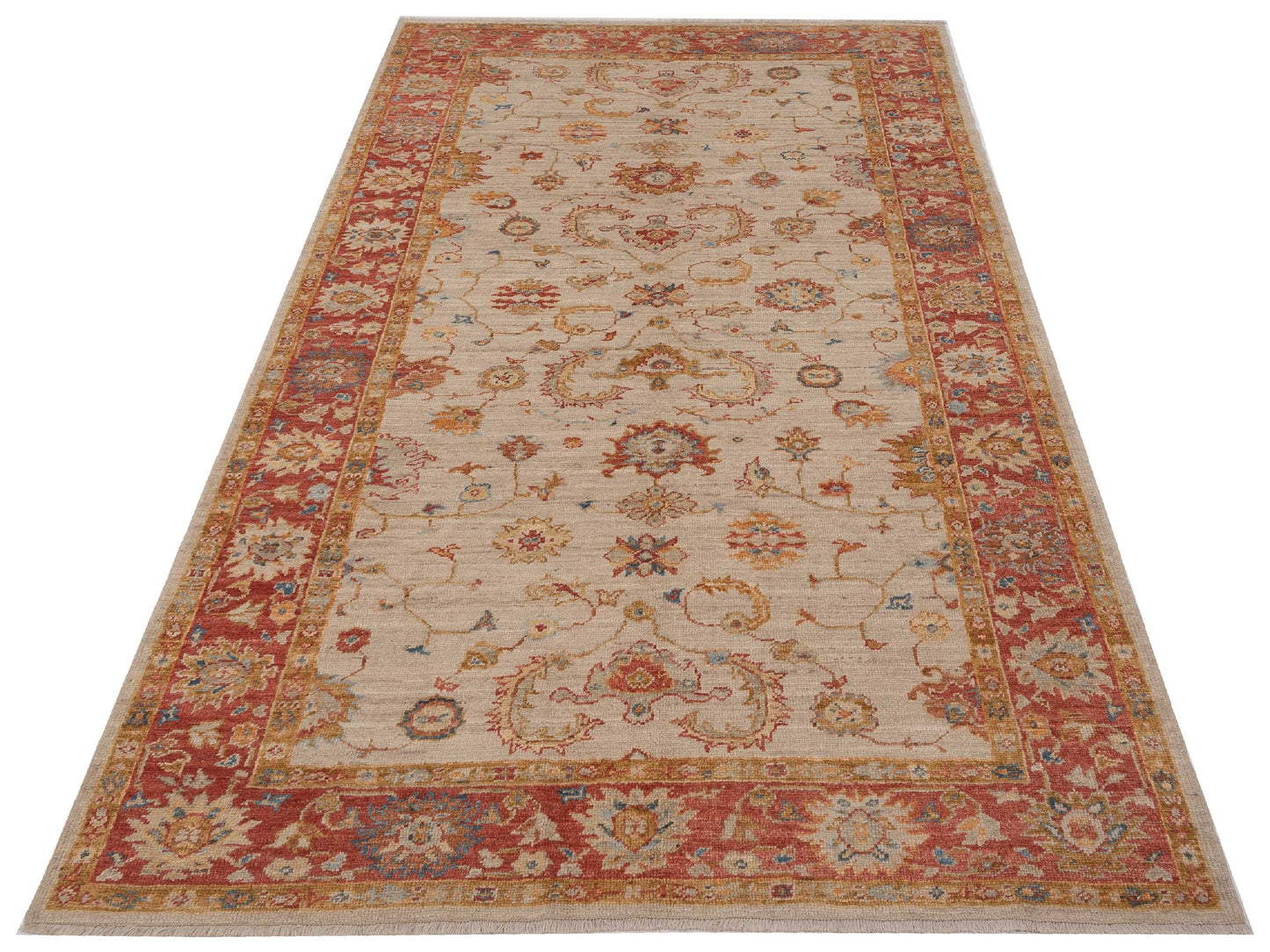 Authentic Angora Oushak Leyla Ivory Red Traditional Hand Knotted Rug