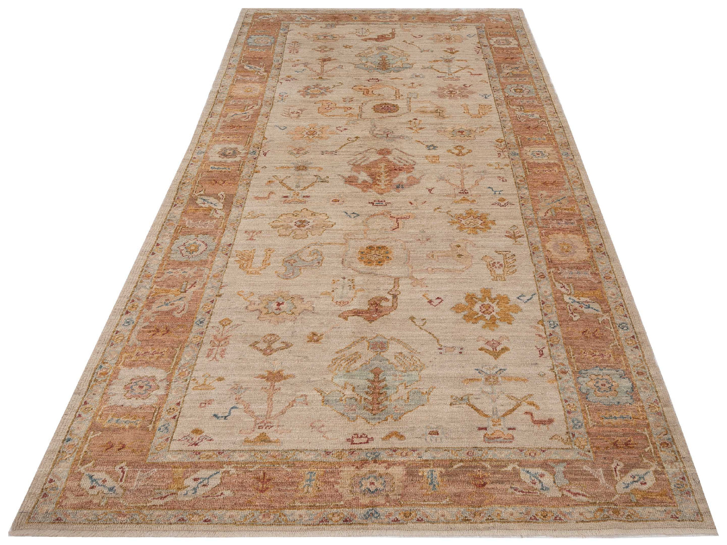 Authentic Angora Oushak Ahu Ivory Pink Traditional Hand Knotted Rug