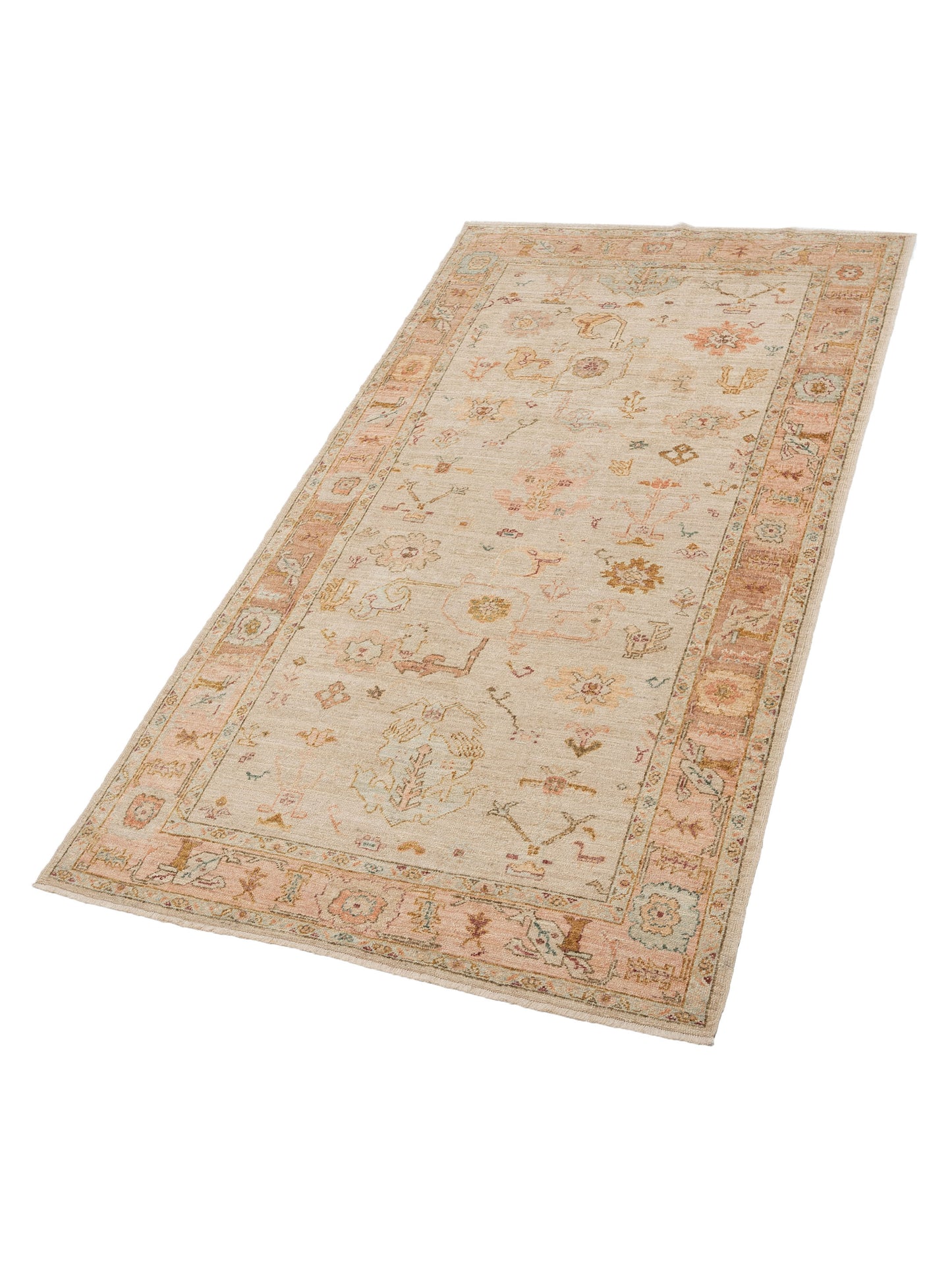 Authentic Angora Oushak Ahu Ivory Pink Traditional Hand Knotted Rug