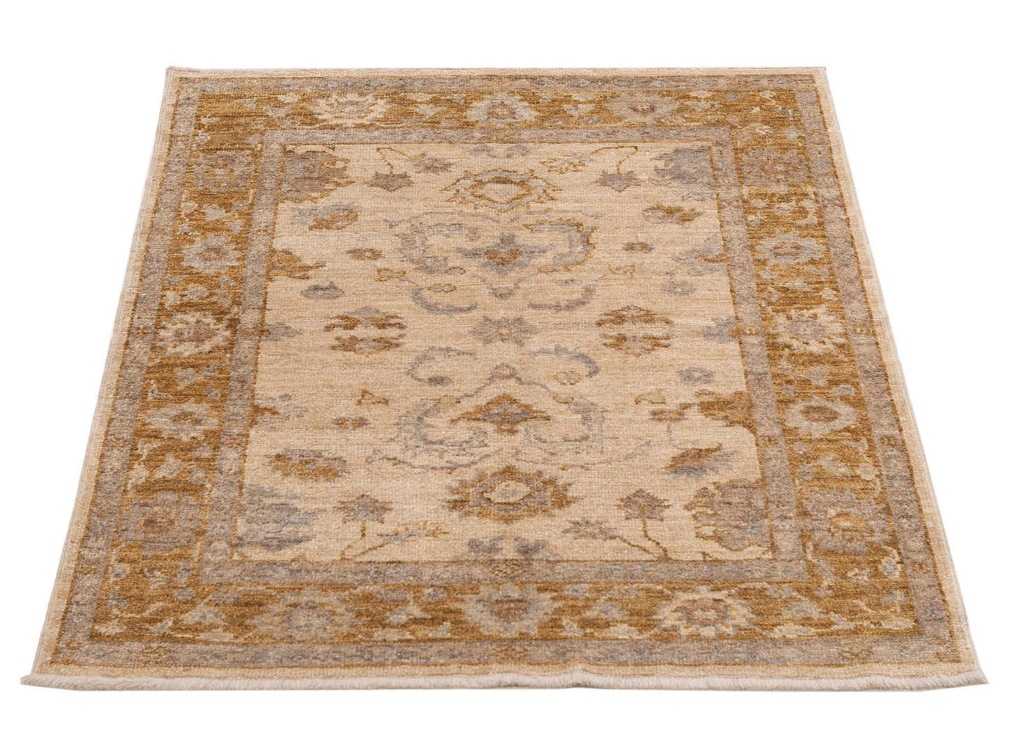 Authentic Angora Oushak Leyla Ivory Brown Gold Traditional Hand Knotted Rug