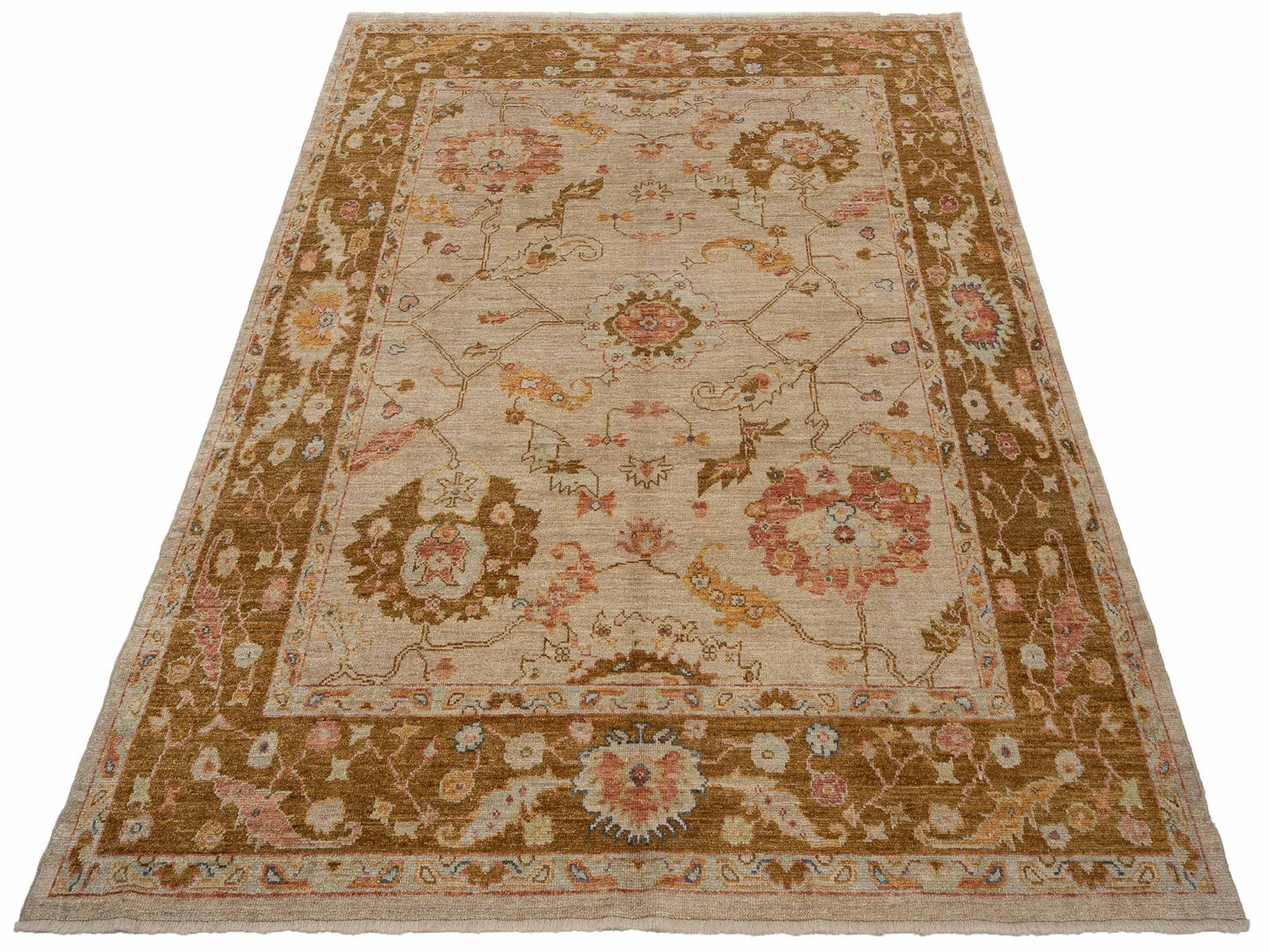 Authentic Angora Oushak Muge Beige Mustard Traditional Hand Knotted Rug