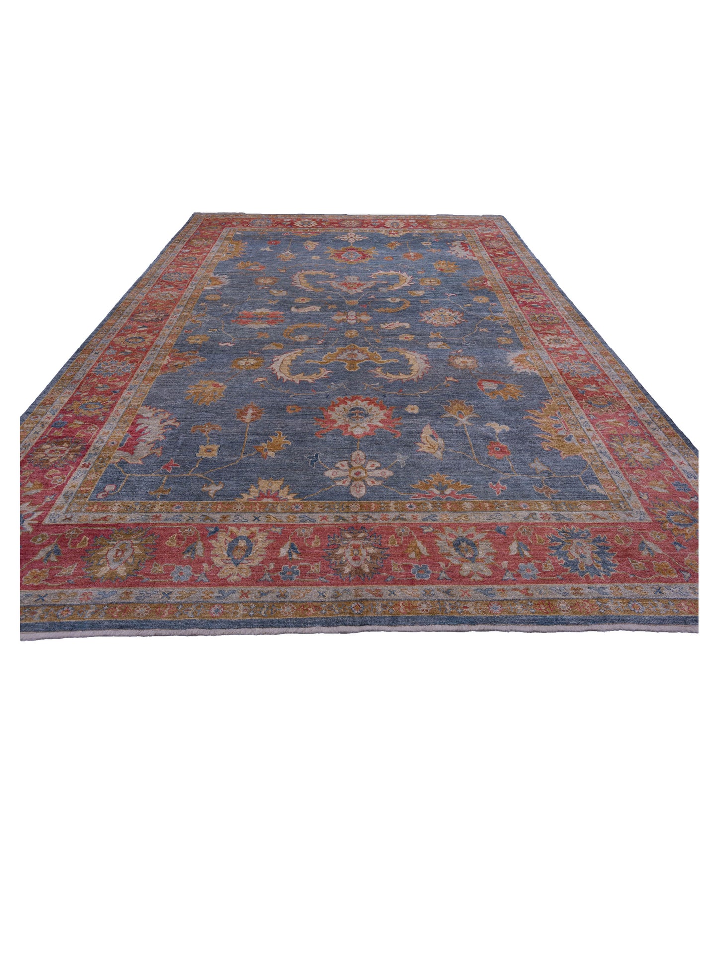 Authentic Angora Oushak Leyla Teal Blue Red Traditional Hand Knotted Rug