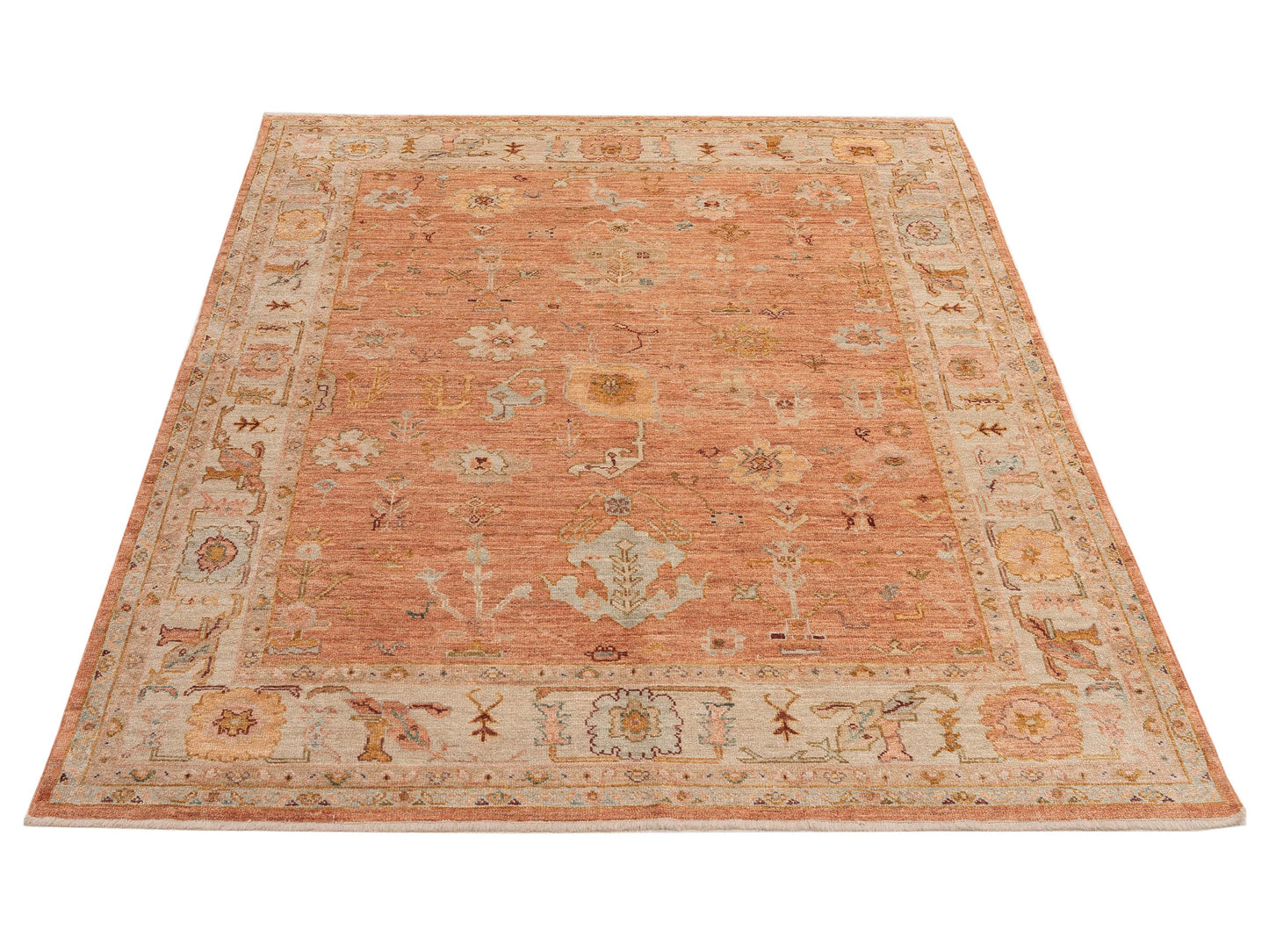 Authentic Angora Oushak Ahu Pink Ivory Traditional Hand Knotted Rug