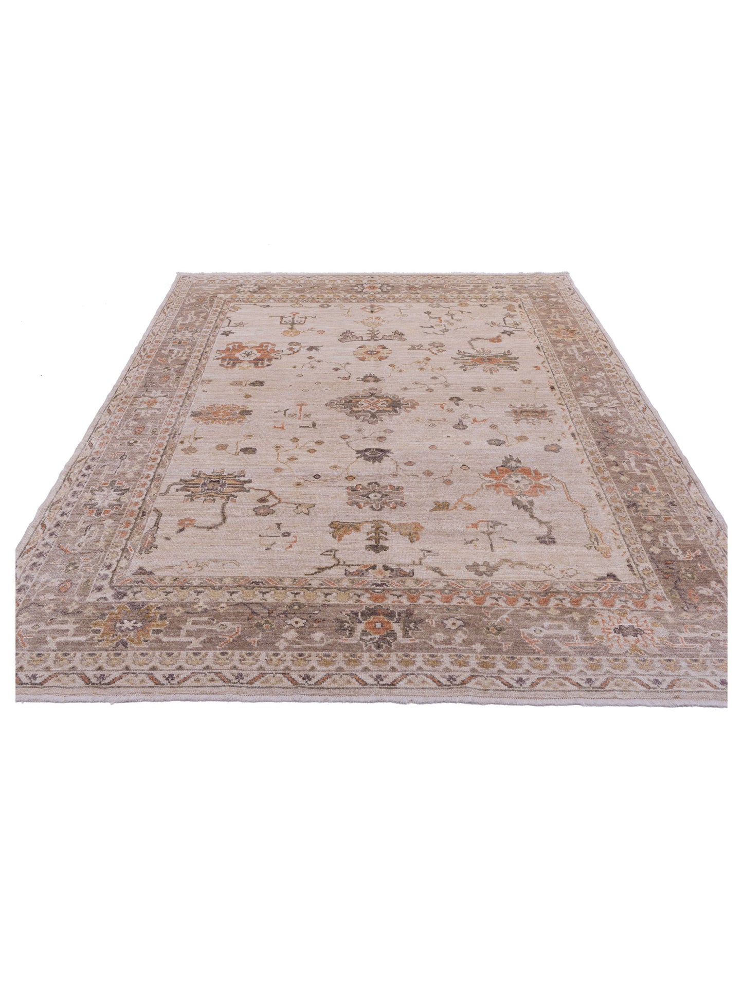 Authentic Angora Oushak Handan Ivory Light Brown Traditional Hand Knotted Rug