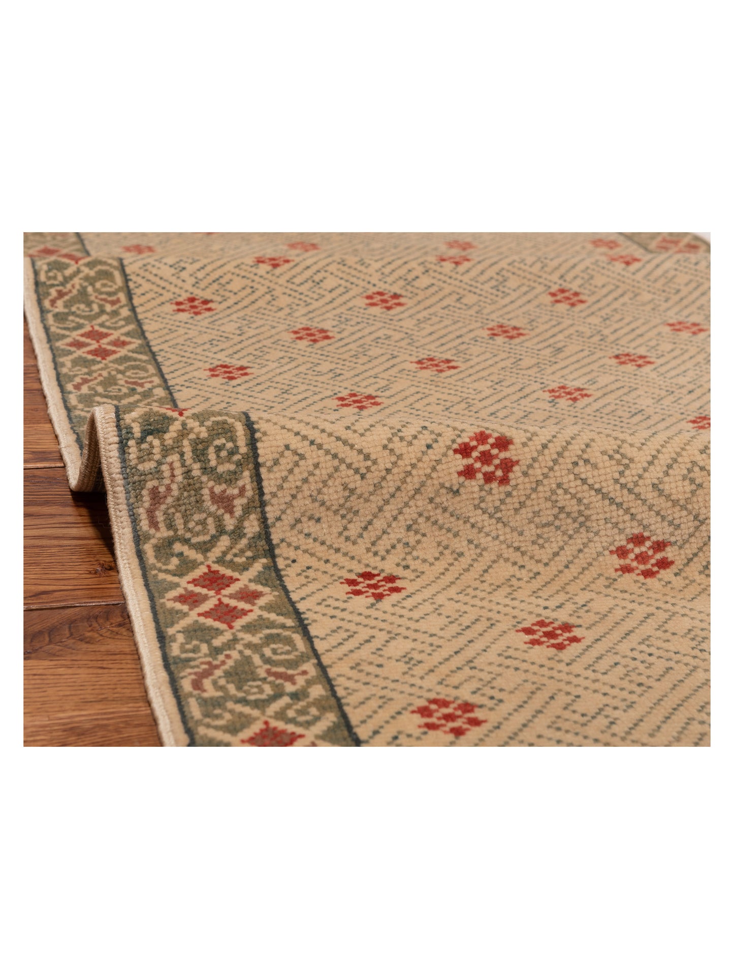 Pasha Antique Loom 147406 Ivory Green Transitional Hand Knotted Rug