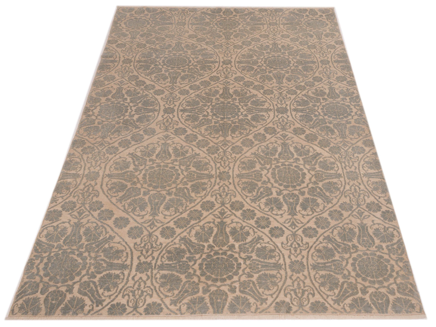 Pasha Defne Lotus Ivory Ice Blue Transitional Hand Knotted Rug