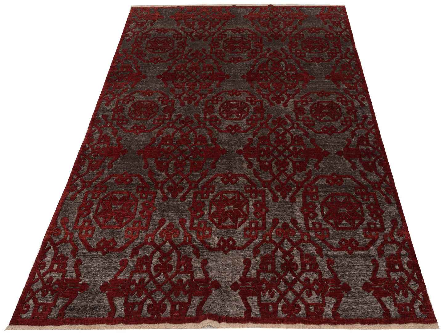 Pasha Defne Leaf Charcoal Red Transitional Hand Knotted Rug