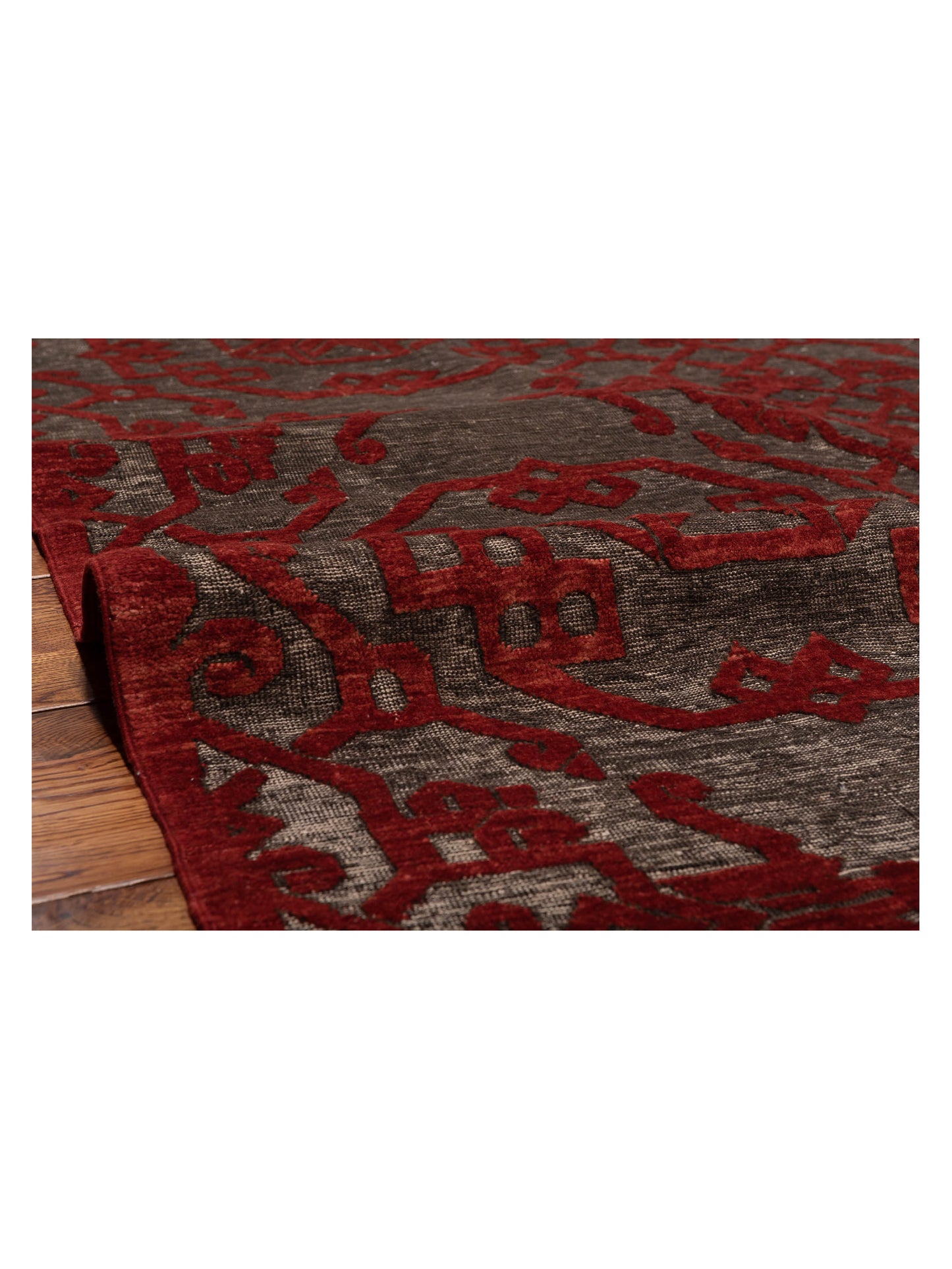 Pasha Defne Leaf Charcoal Red Transitional Hand Knotted Rug