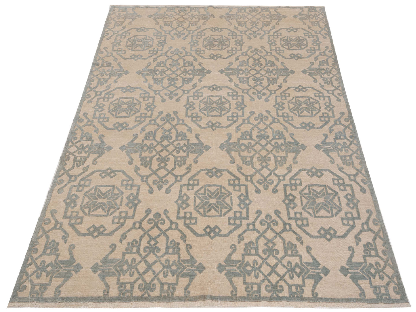 Pasha Defne Leaf Ivory Light Blue Transitional Hand Knotted Rug