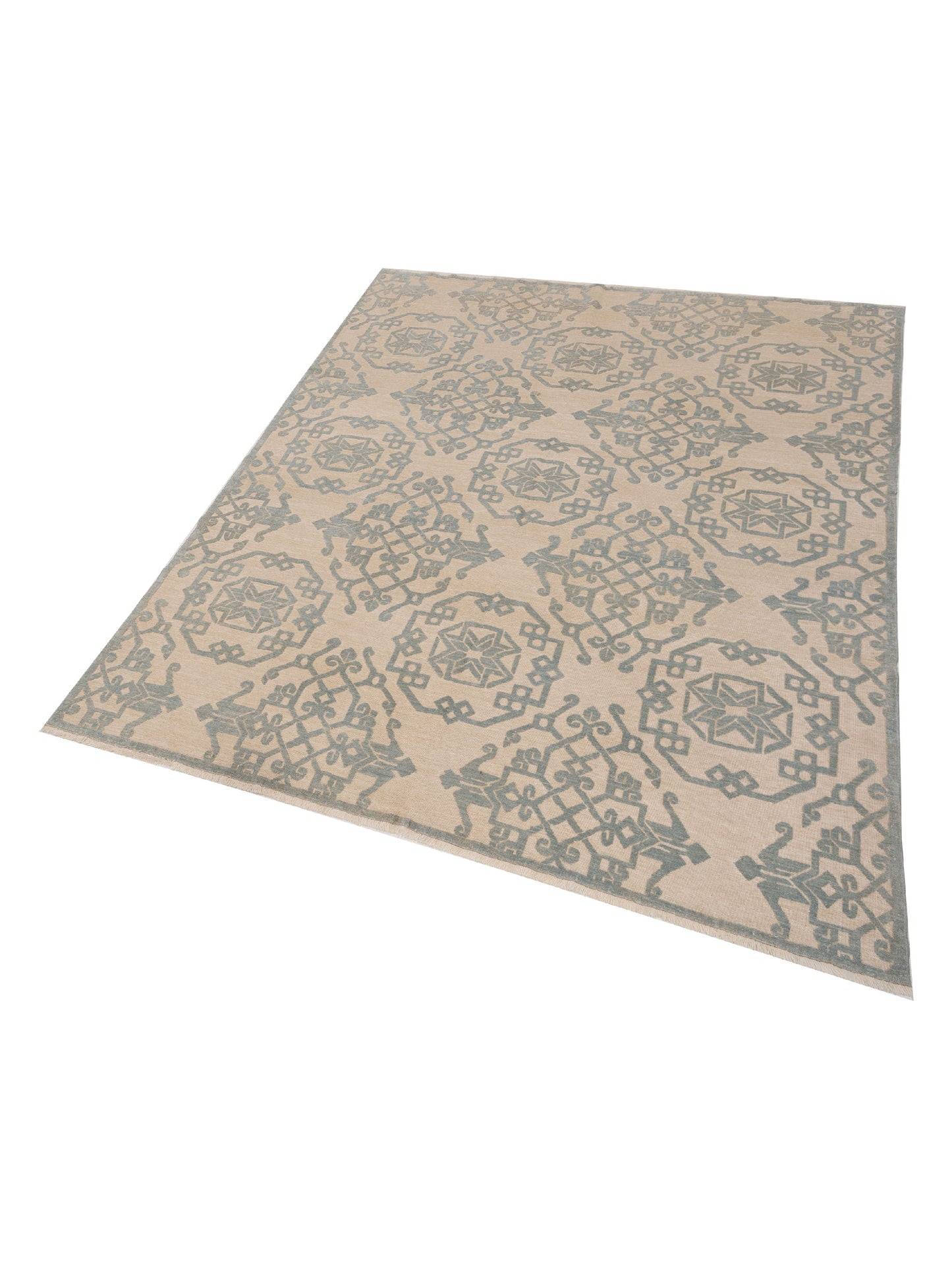 Pasha Defne Leaf Ivory Light Blue Transitional Hand Knotted Rug