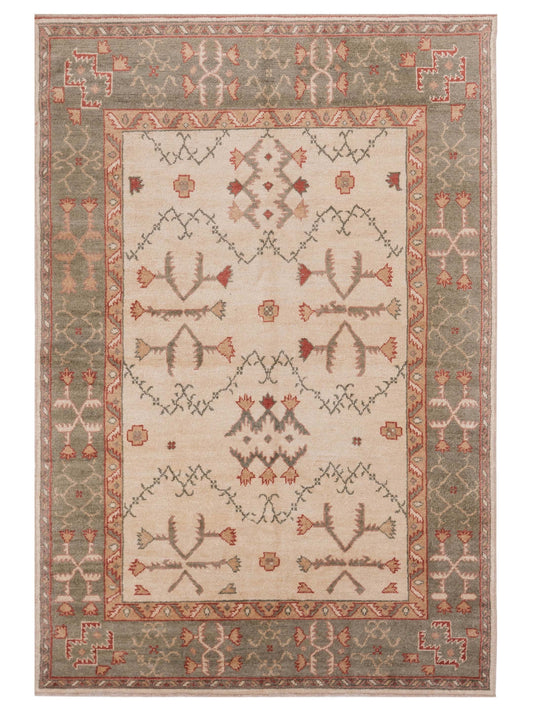 Authentic Angora Oushak Burcu Ivory Tribal Hand Knotted Rug