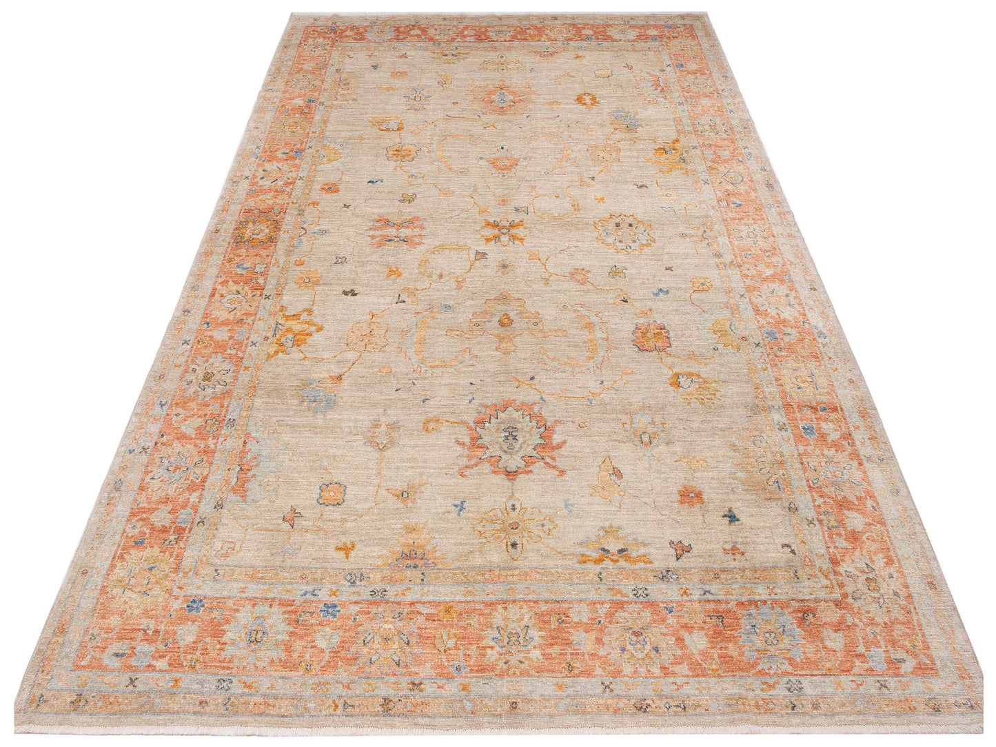 Authentic Angora Oushak Leyla Ivory Rust Traditional Hand Knotted Rug