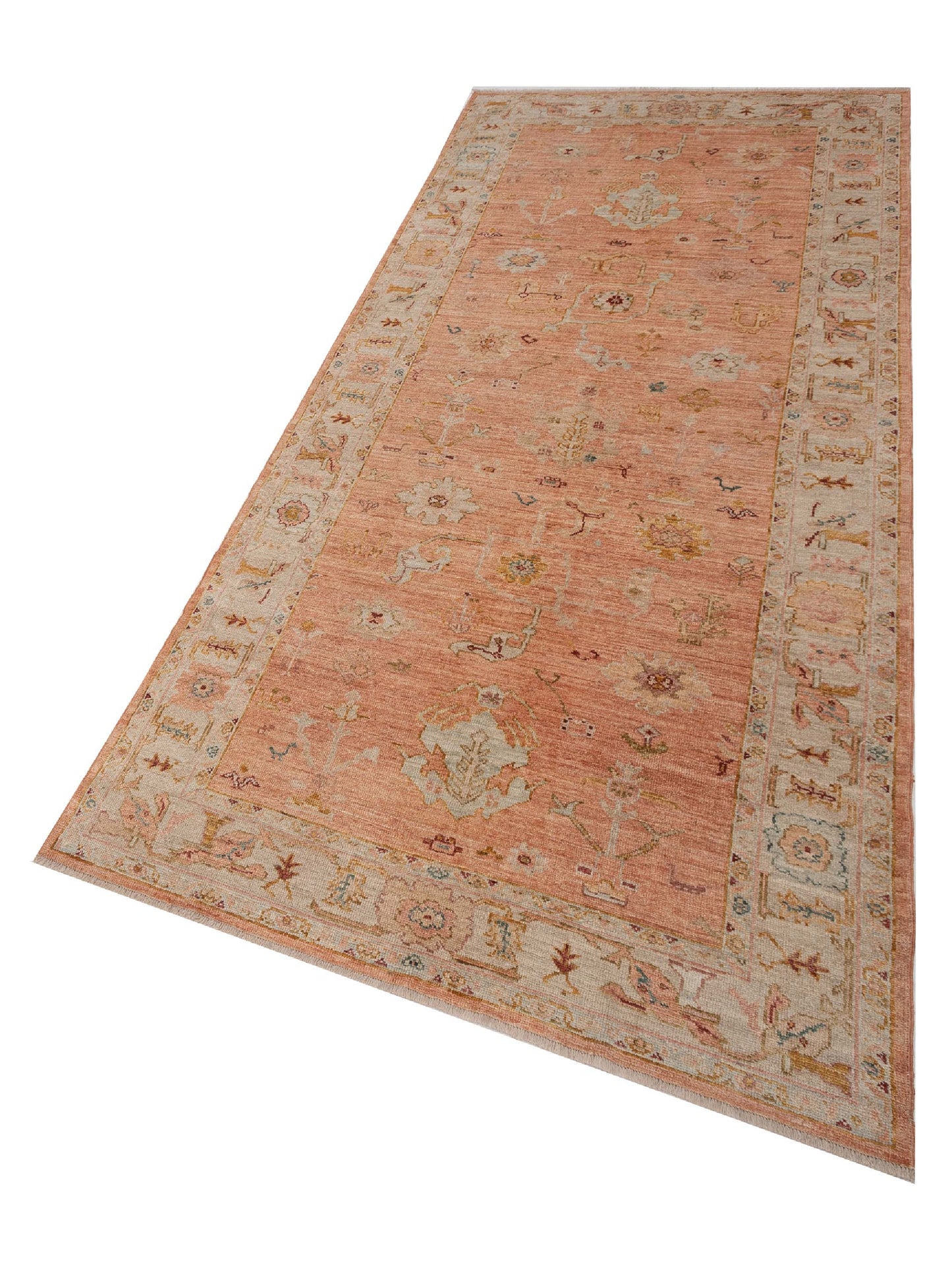 Authentic Angora Oushak Ahu Pink Ivory Traditional Hand Knotted Rug