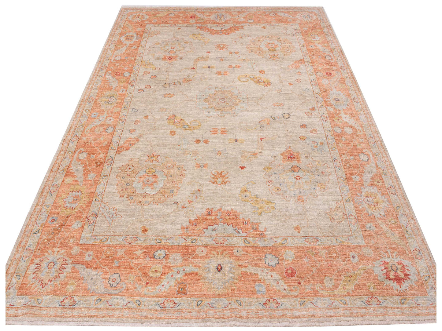 Authentic Angora Oushak Muge Ivory Pink Traditional Hand Knotted Rug