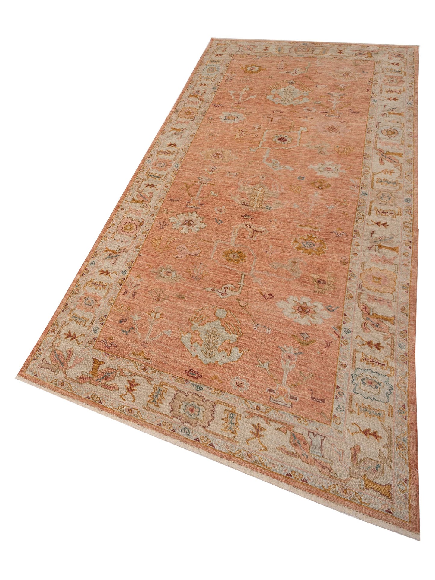 Authentic Angora Oushak Ahu Pink Ivory Traditional Hand Knotted Rug