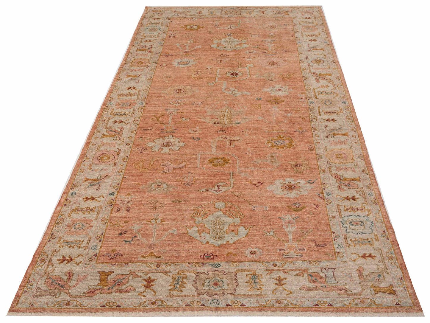 Authentic Angora Oushak Ahu Pink Ivory Traditional Hand Knotted Rug