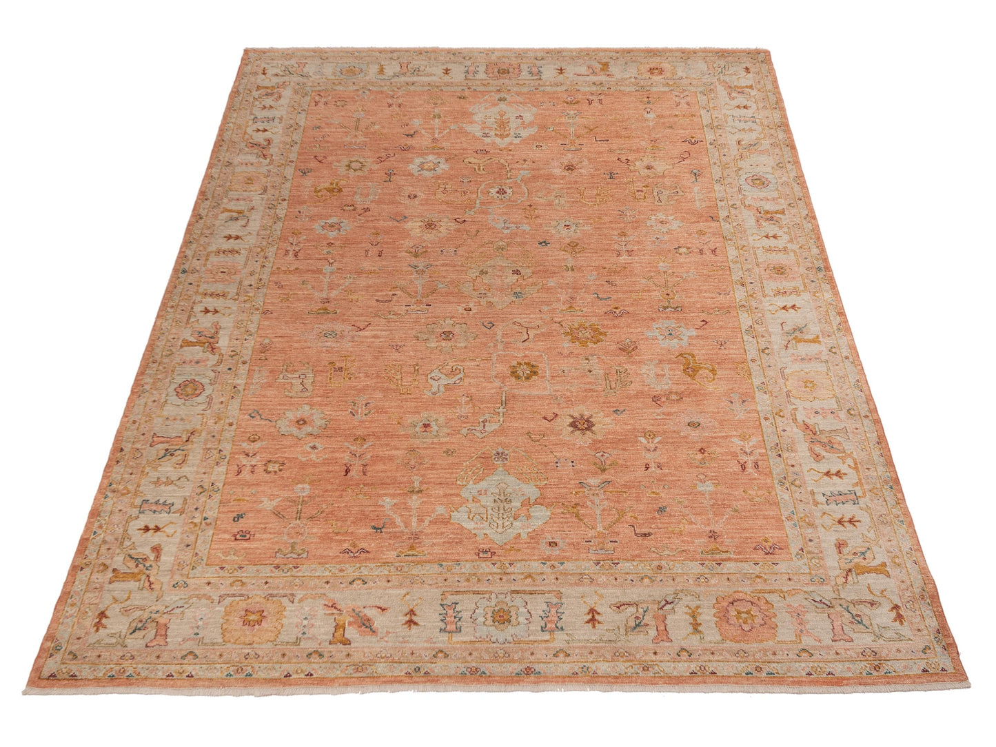 Authentic Angora Oushak Ahu Pink Ivory Traditional Hand Knotted Rug