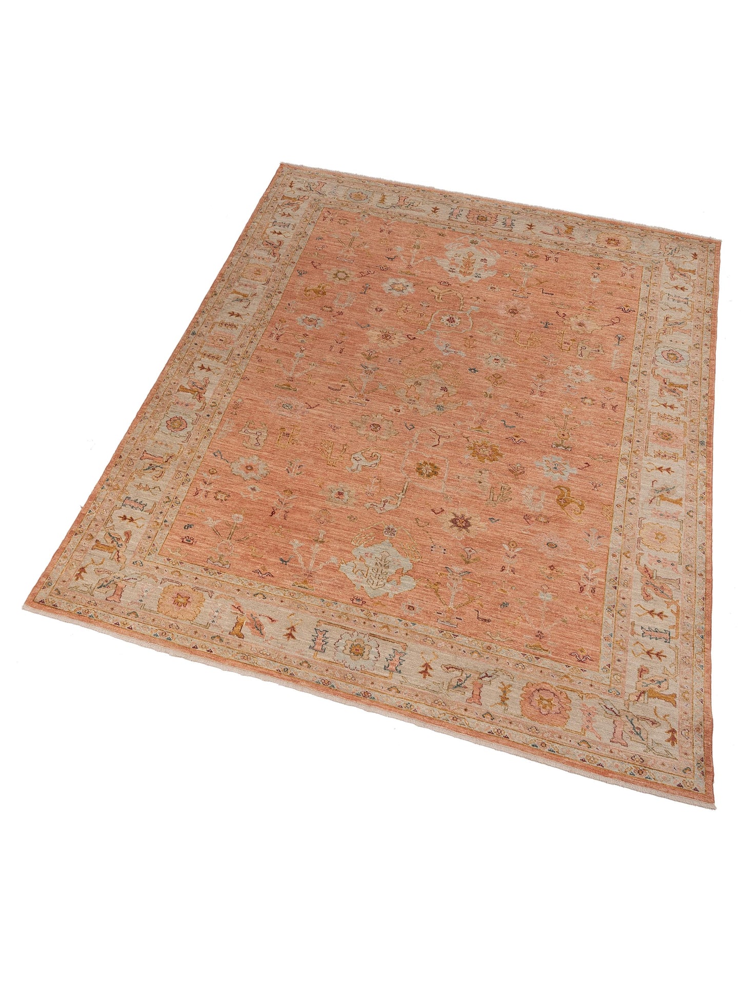 Authentic Angora Oushak Ahu Pink Ivory Traditional Hand Knotted Rug