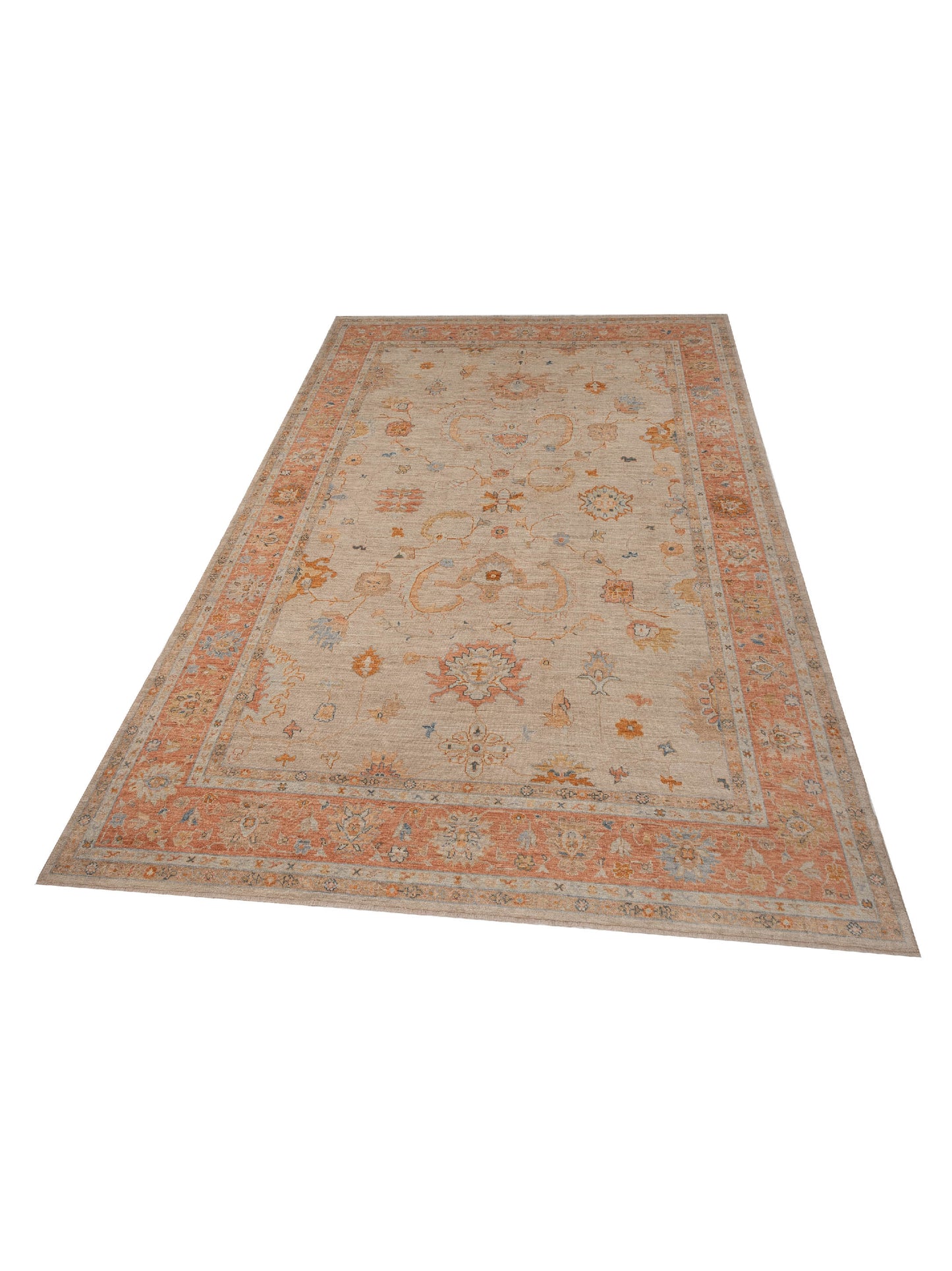 Authentic Angora Oushak Leyla Beige Rust Traditional Hand Knotted Rug