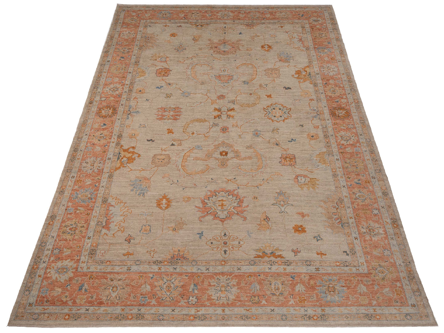 Authentic Angora Oushak Leyla Beige Rust Traditional Hand Knotted Rug