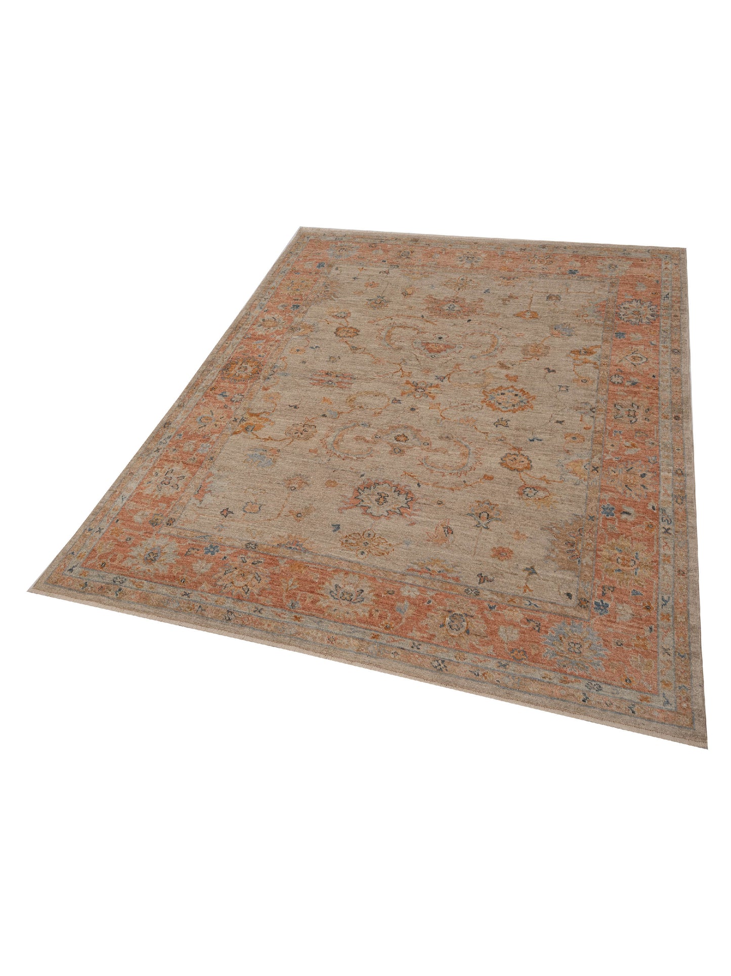 Authentic Angora Oushak Leyla Beige Rust Traditional Hand Knotted Rug