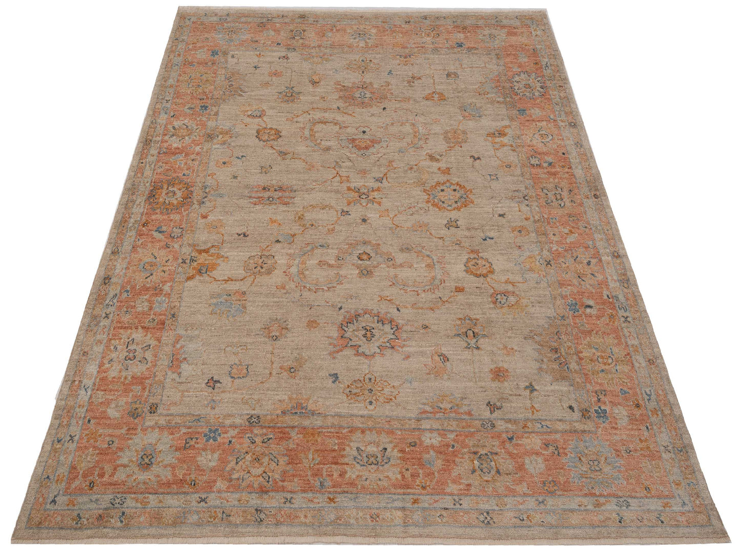 Authentic Angora Oushak Leyla Beige Rust Traditional Hand Knotted Rug