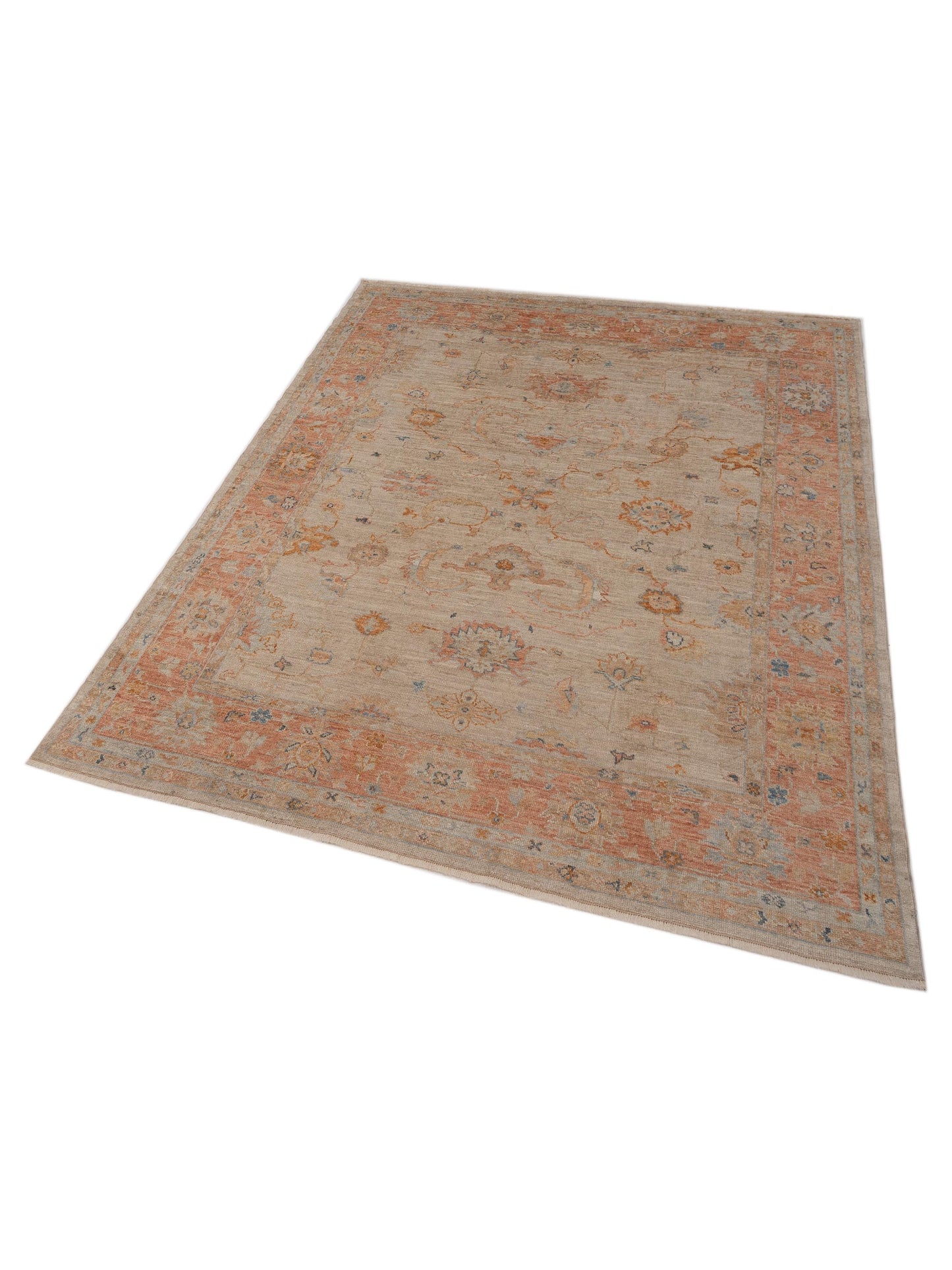 Authentic Angora Oushak Leyla Beige Rust Traditional Hand Knotted Rug