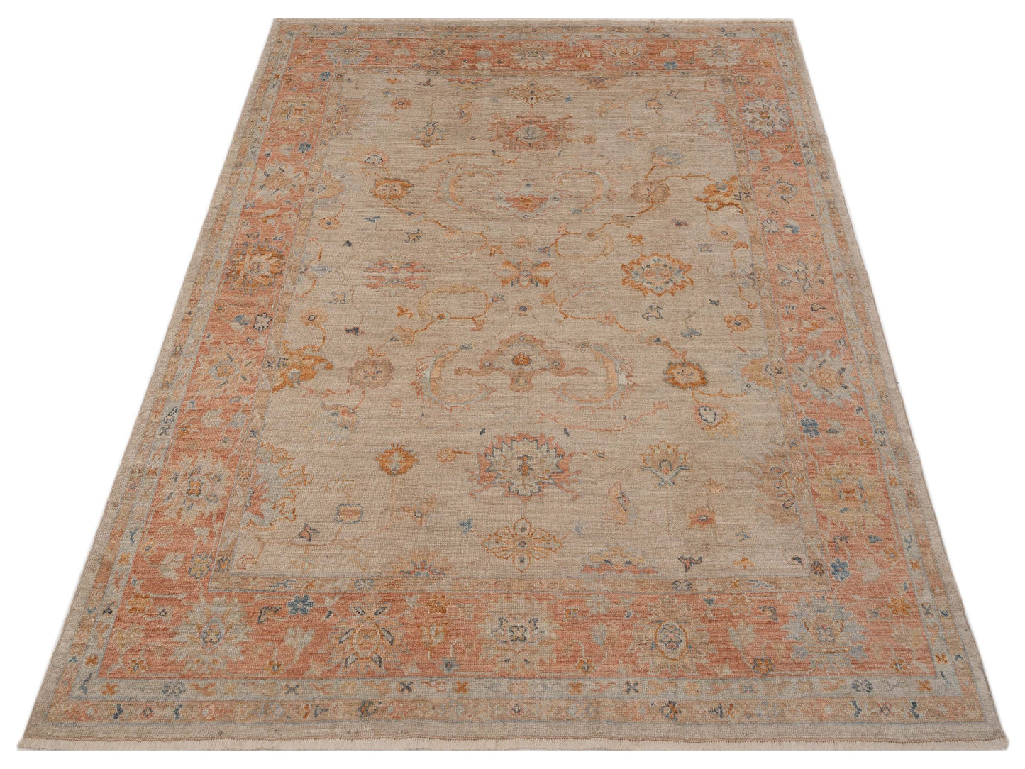 Authentic Angora Oushak Leyla Beige Rust Traditional Hand Knotted Rug