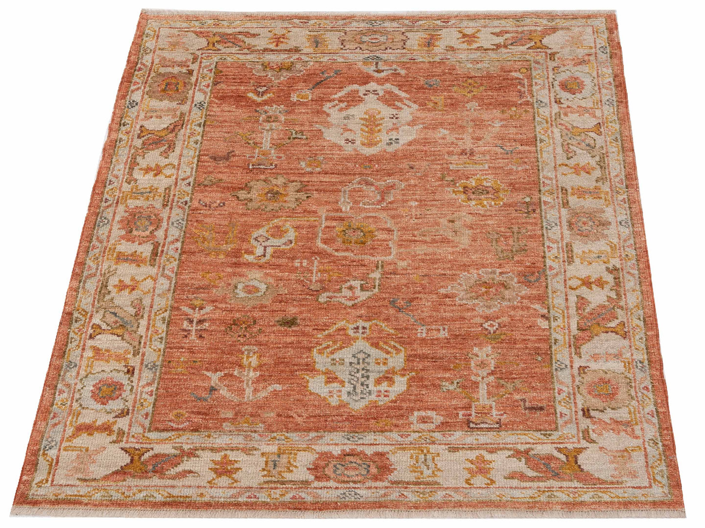 Authentic Angora Oushak Ahu Pink Ivory Traditional Hand Knotted Rug