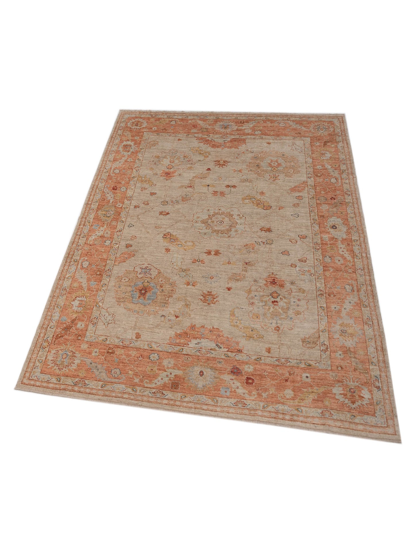 Authentic Angora Oushak Muge Beige Rust Traditional Hand Knotted Rug