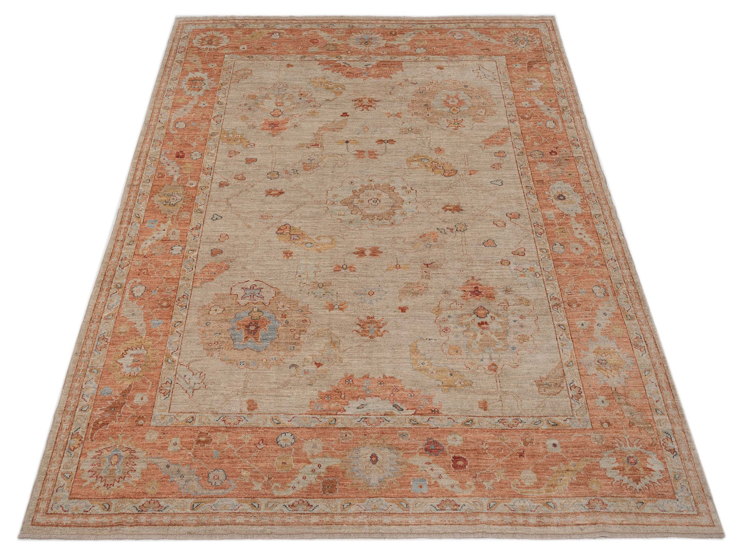 Authentic Angora Oushak Muge Beige Rust Traditional Hand Knotted Rug