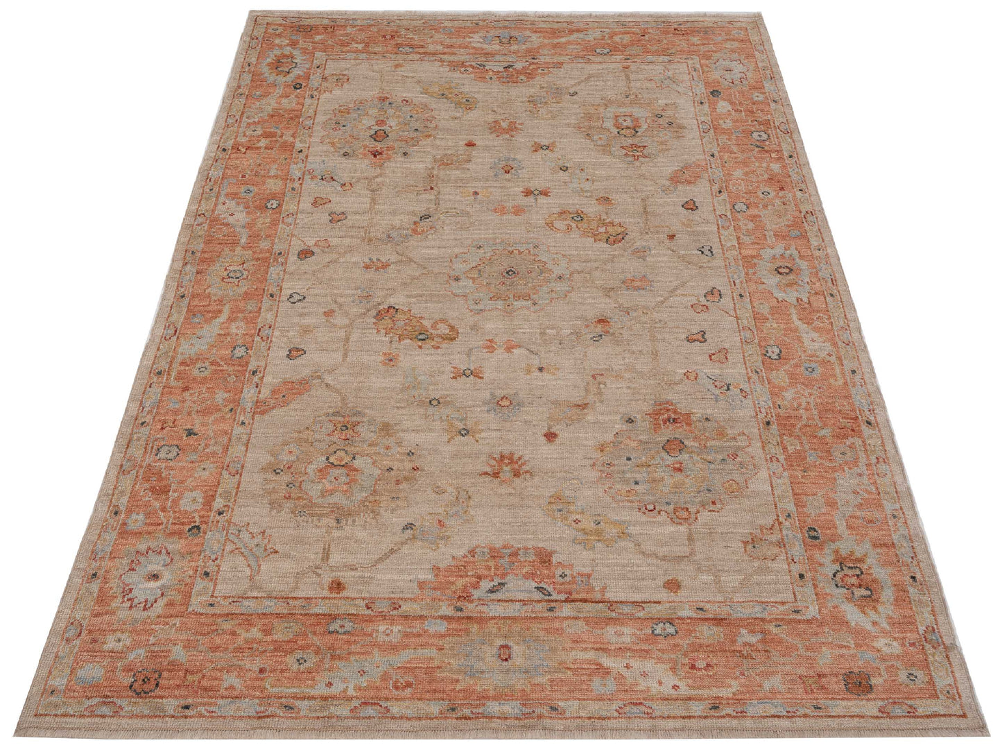 Authentic Angora Oushak Muge Beige Rust Traditional Hand Knotted Rug