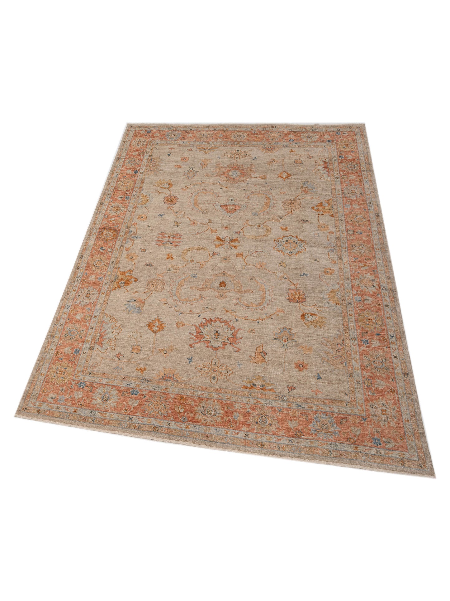 Authentic Angora Oushak Leyla Beige Rust Traditional Hand Knotted Rug