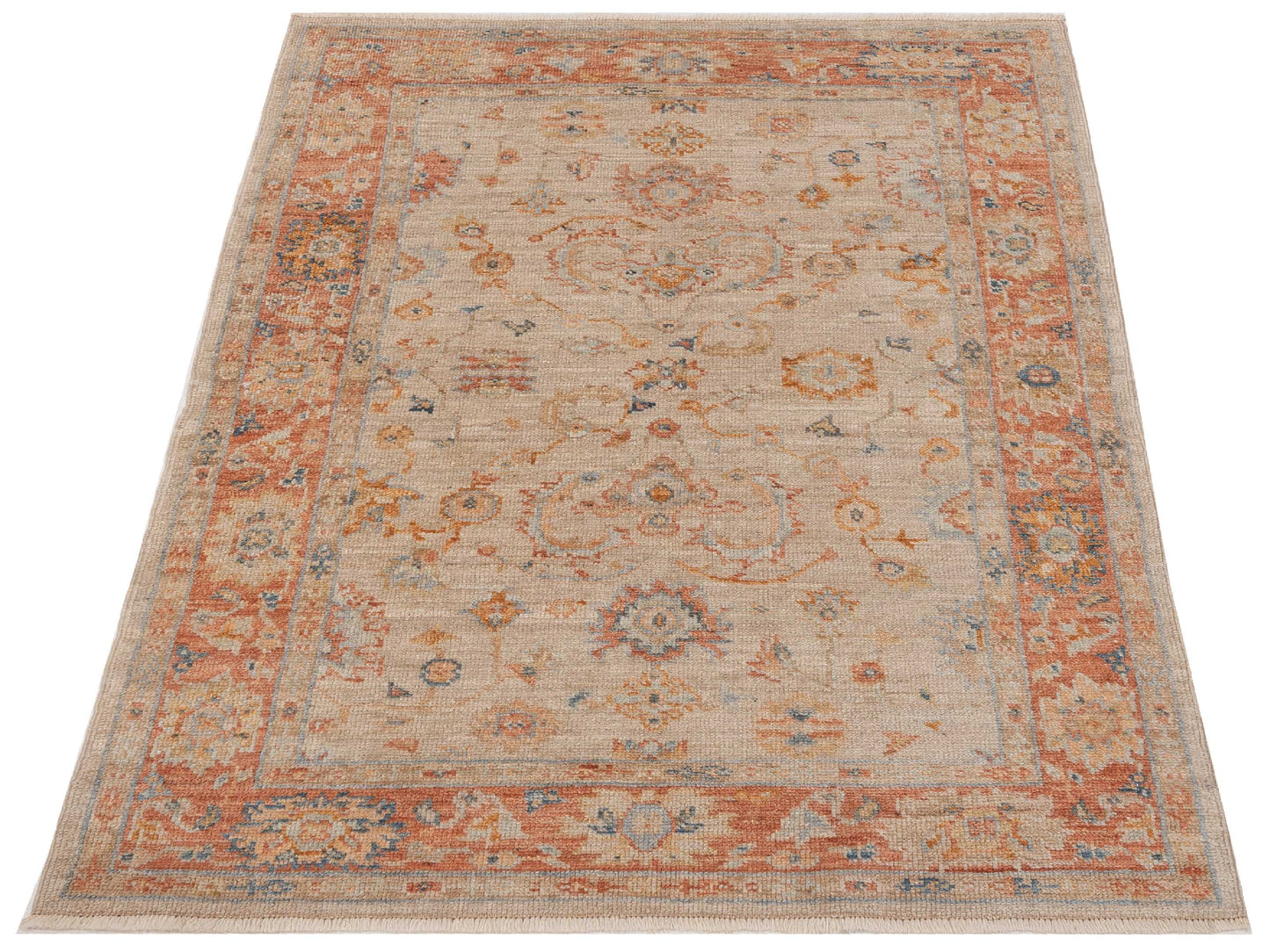 Authentic Angora Oushak Leyla Ivory Rust Traditional Hand Knotted Rug