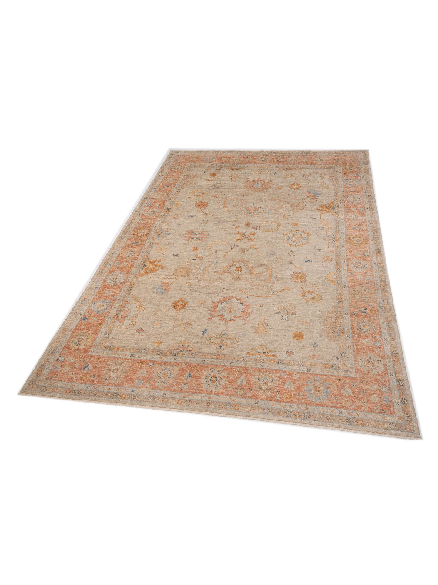 Authentic Angora Oushak Leyla Ivory Rust Traditional Hand Knotted Rug