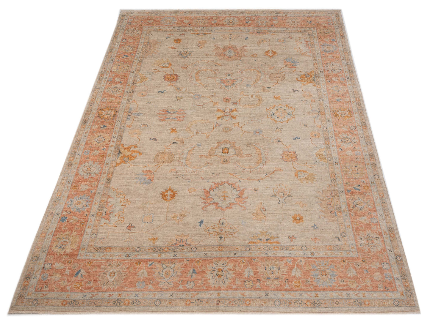 Authentic Angora Oushak Leyla Ivory Rust Traditional Hand Knotted Rug