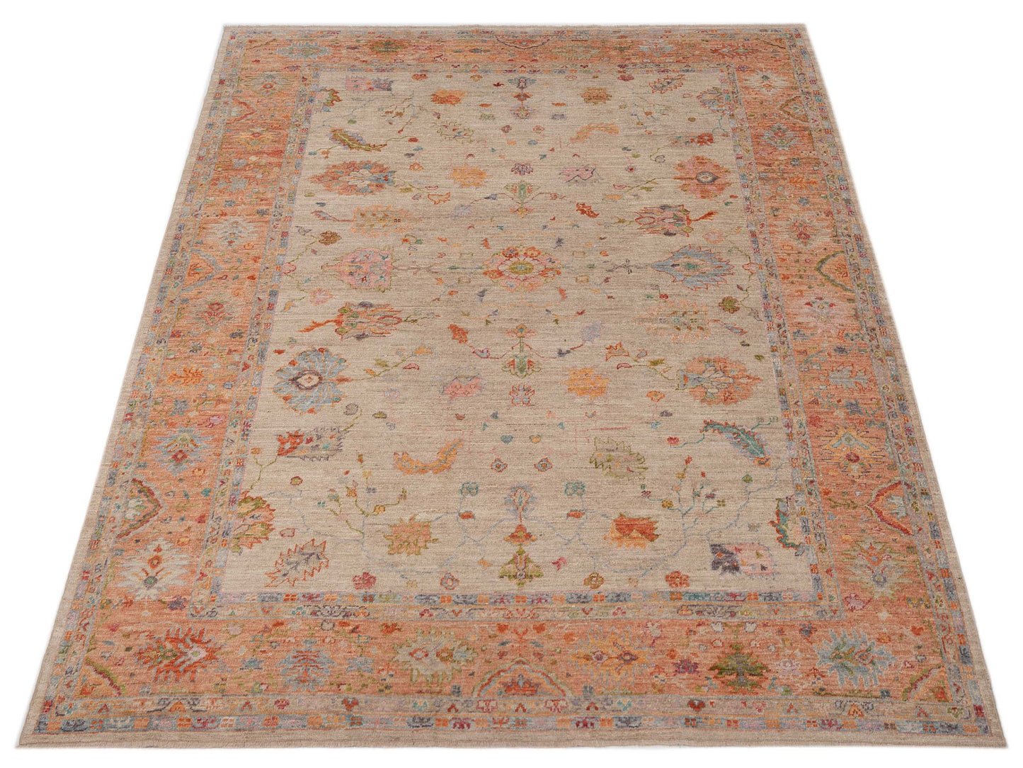 Authentic Angora Oushak Seyyal Ivory Coral Traditional Hand Knotted Rug